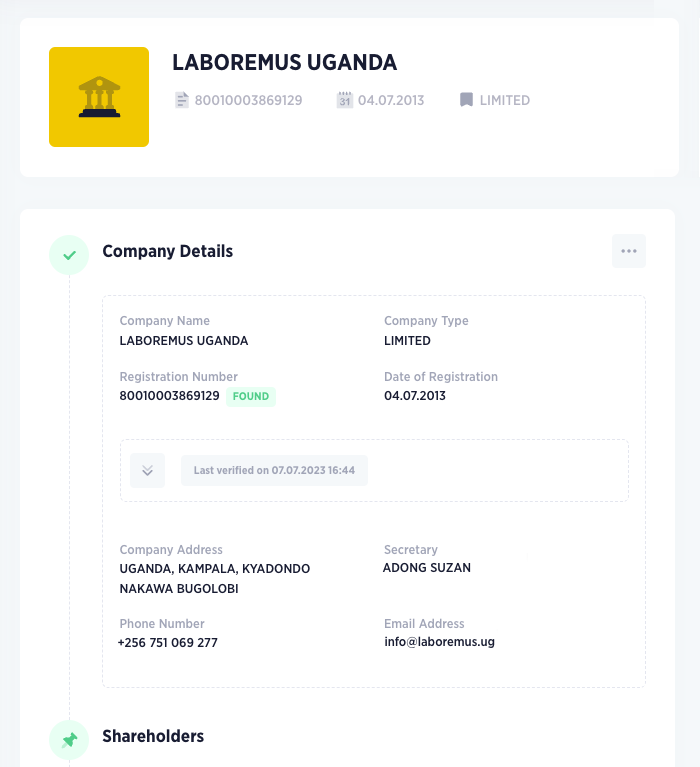 STREAMLINE company profile, LABOREMUS UGANDA with registration number marked Found, company type, date of registration, address, secretary and shareholders.