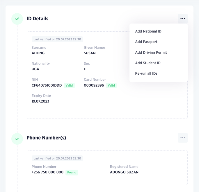 STREAMLINE ID Details, a verified identity record showing surname, given names, NIN, card number and a verified phone number, each marked Valid or Found.
